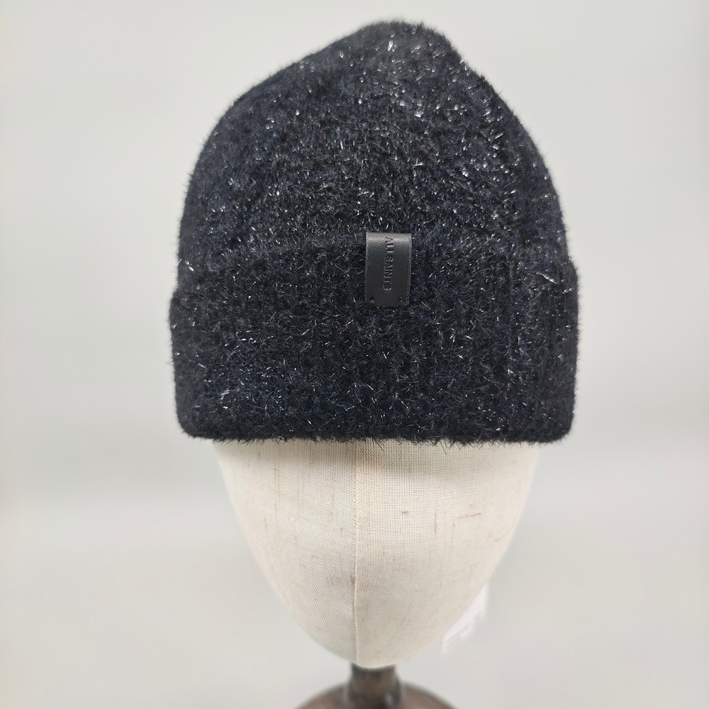 AllSaints Metallic Beanie Black Shimmer Knit Logo Patch Hat One Size NWT